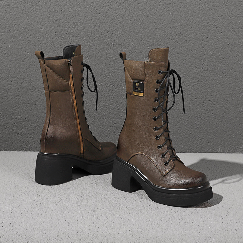 Boot nữ cổ thấp dây buộc mũi tròn đế dày gót 10 cm phong cách Anh quốc cổ điển — Nhung kaki đậm chi tiết 8