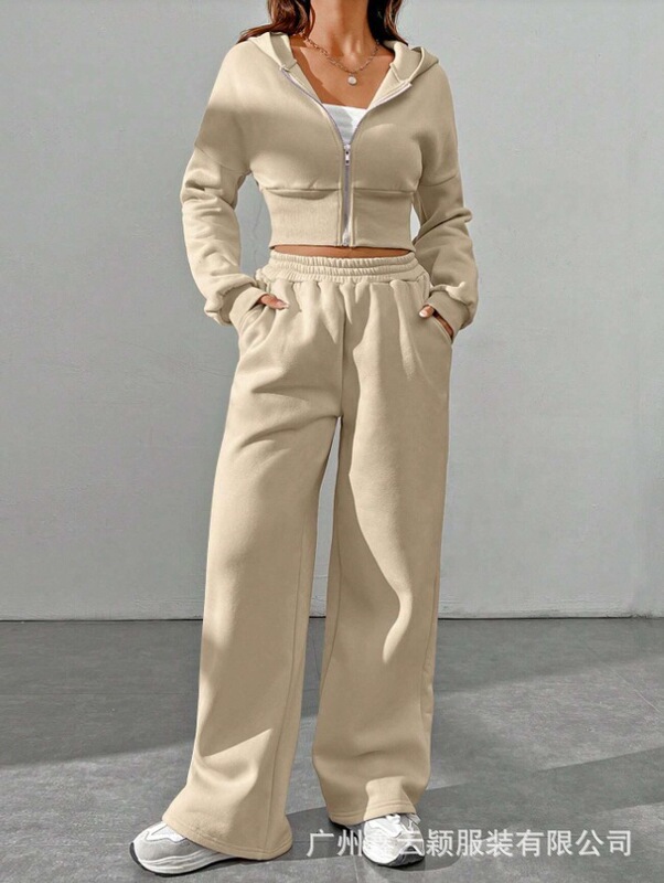 2025 ヨーロッパとアメリカンスタイルの女性の新しいカジュアルファッションフード付き長袖ジッパーカーディガンスウェットシャツスポーツ 2 点セット|undefined