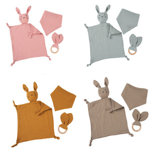 Amazon Baby Pure Cotton Gauze Animal Comfort Napkin Saliva Napkin Beech Rabbit Ear Bite Ring Three-Piece Set