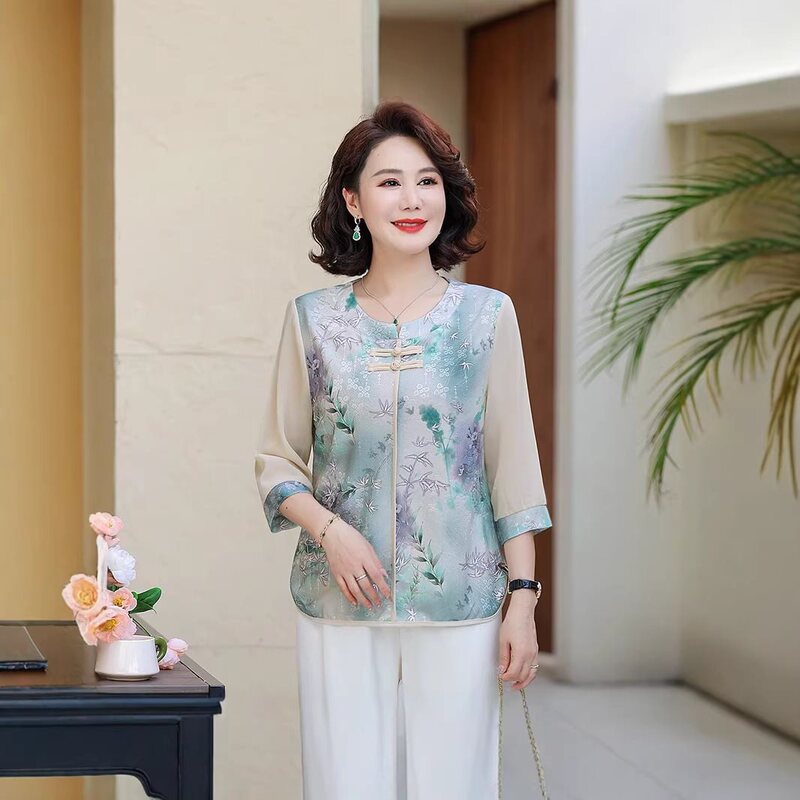 Dropshipping New Chinese-Style National Fashion Mom's Summer Clothing, Three-Quarter Sleeve Printed Top, Loose-Fitting, Tummy-Covering, Stylish Blouse