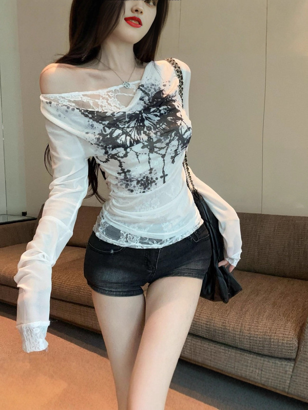 【工厂现货】网纱拼接蕾丝秋季印花罩衫荡领薄上衣长袖T恤女ins|undefined