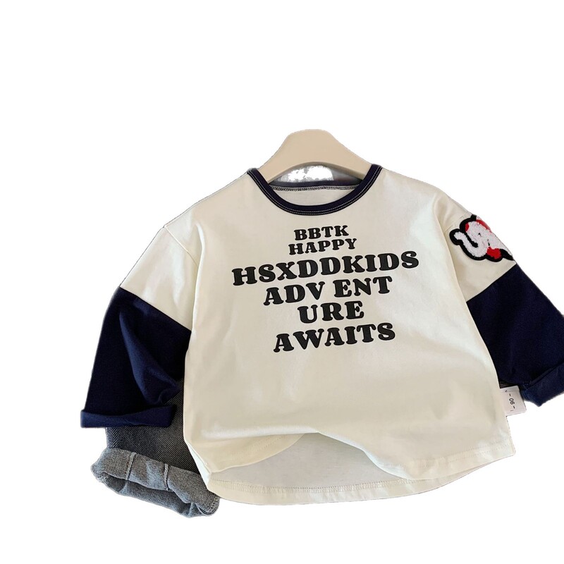 邦誠子供用長袖Tシャツ2025春秋新作韓国風男の子レターデザインフェイクツーピースプルオーバーH0331|undefined
