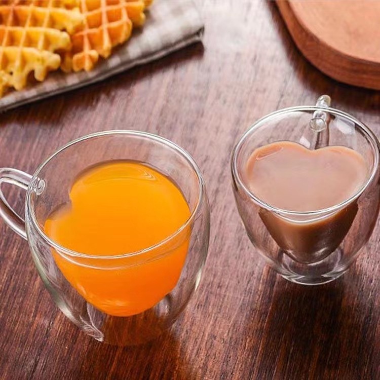 创意双层玻璃杯把手爱心简约早餐牛奶杯家用咖啡杯心形果汁杯批发