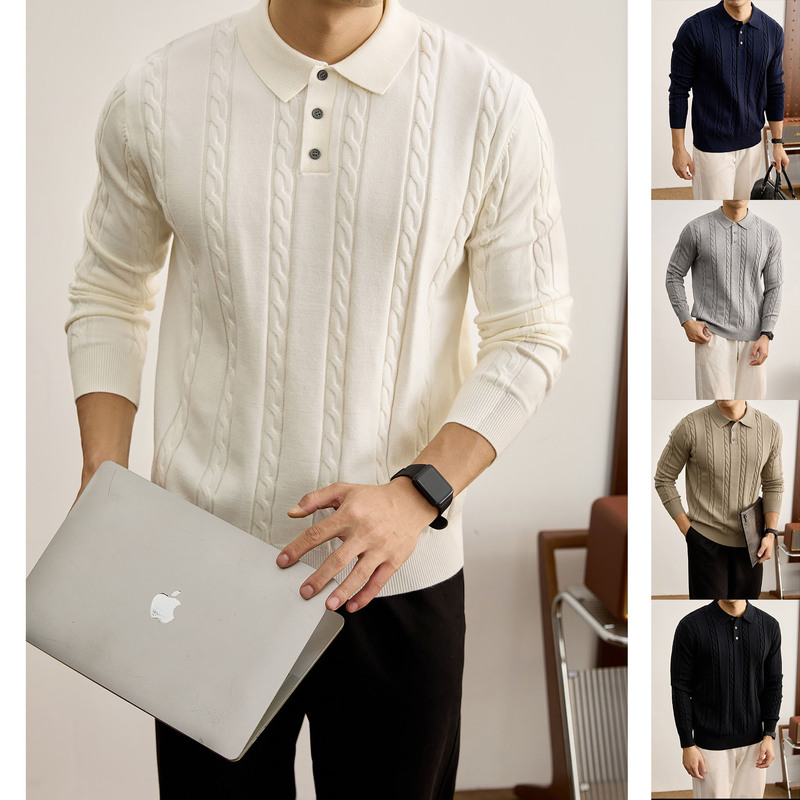 New Spring and Autumn Long-Sleeve Knit Sweater for Men, POLO Shirt with Turn-Down Collar and Twisted Pattern, Old Money Style, Cross-Border Factory Wholesale New Spring and Autumn Long-Sleeve Knit Sweater for Men, POLO Shirt with Turn-Down Collar and Twisted Pattern, Old Money Style, Cross-Border Factory Wholesale