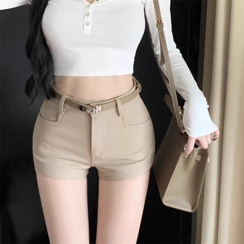 아메리칸 스타일 레트로 카키 캐주얼 반바지 여성 가을 높은 허리 슬리밍 스트레치 슬림 핫 핫 팬츠