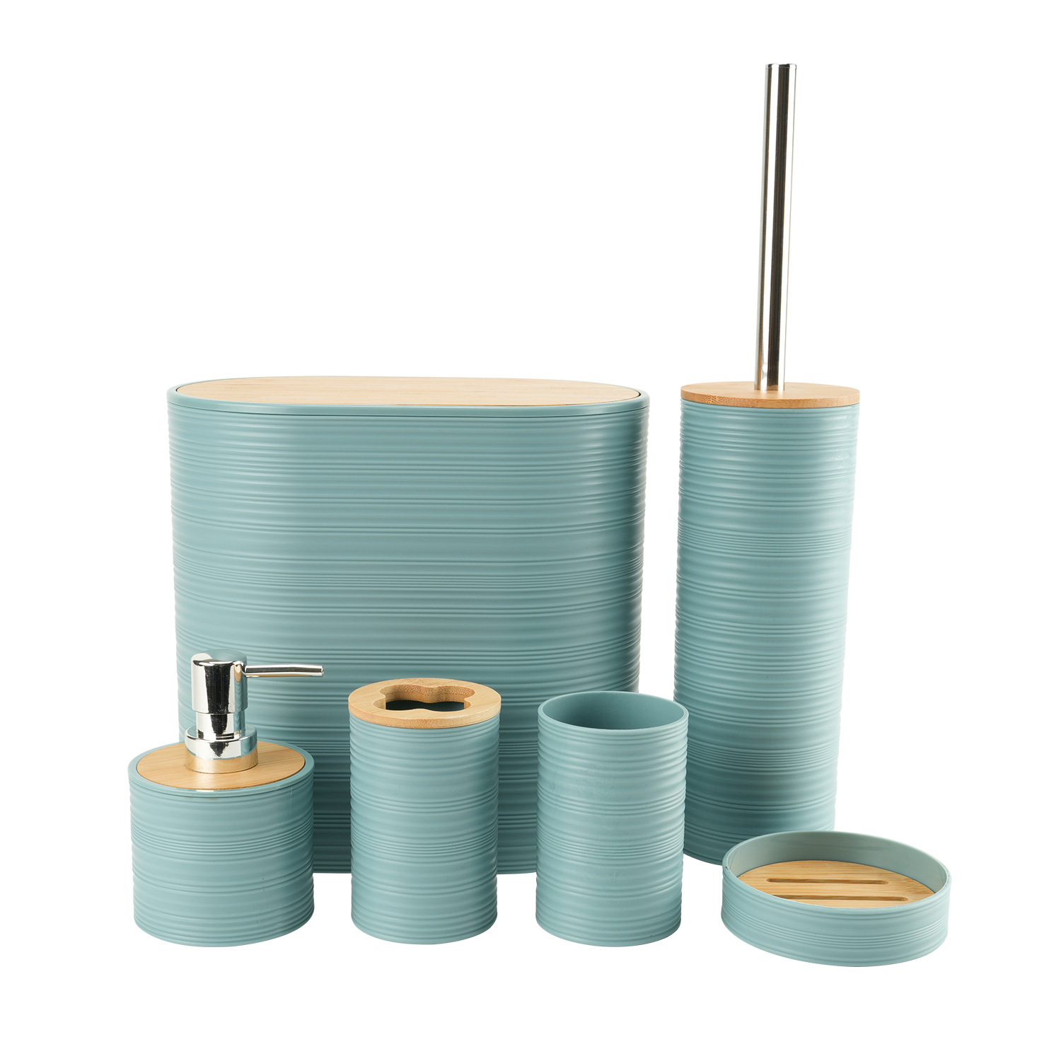 Tapa de bambú de patrón horizontal, baño, lavado de plástico, fabricante de seis piezas, almacenamiento de baño al por mayor, estante para enjuague, funda para cepillo de dientes