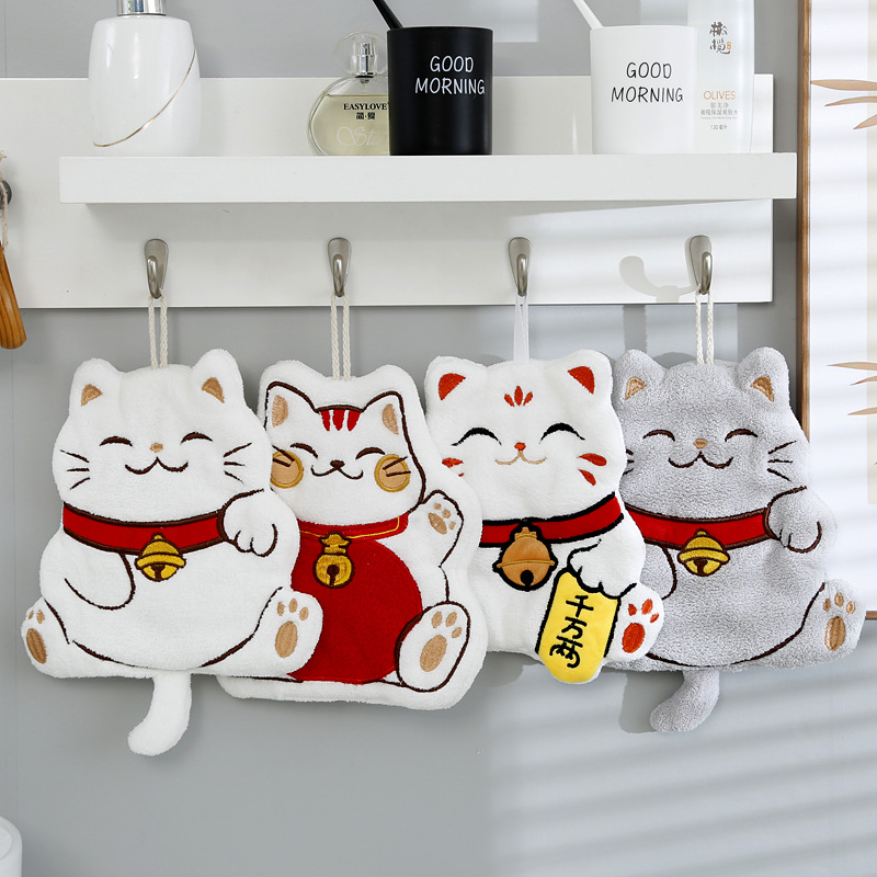 珊瑚绒招财猫可挂式绣花擦毛巾手帕卡通儿童卫生间小毛巾批发定制