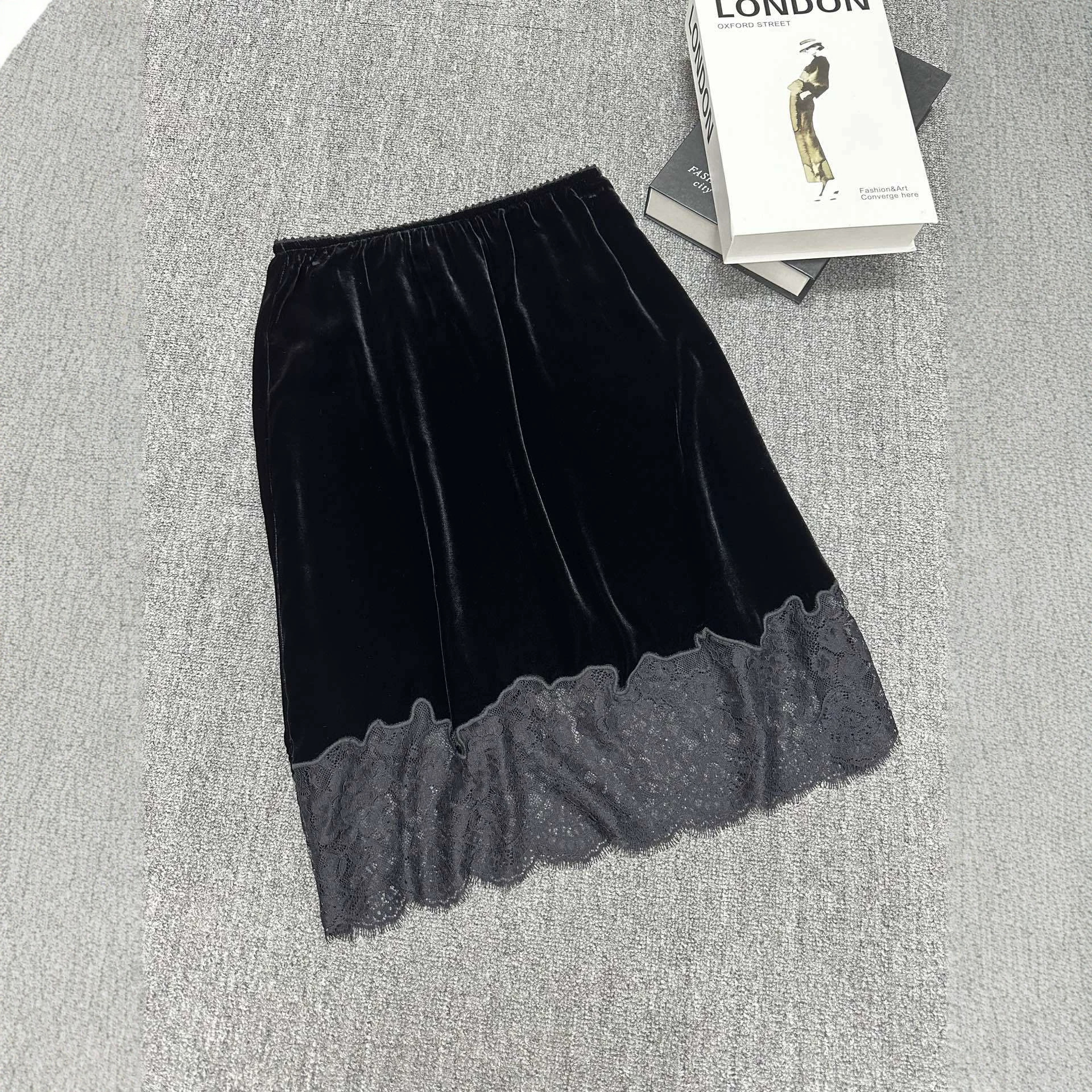 Silk velvet patchwork embroidered lace skirt with elastic waist, A-line midi skirt, vintage elegant versatile skirt