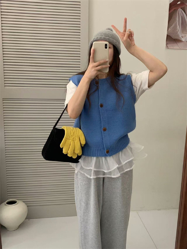 韩系新款配衬衫圆领针织马甲开衫无袖叠搭设计感毛衣背心外套上衣|undefined