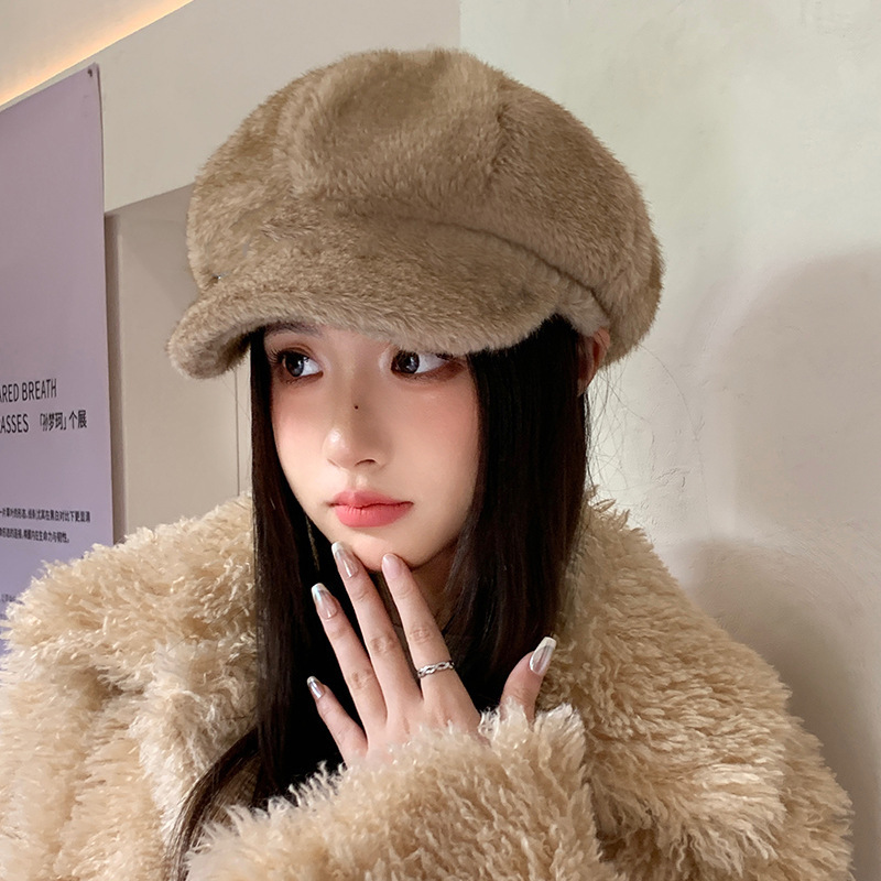 2025贝雷帽女冬季加厚保暖鸭舌帽显脸小高级毛绒帽时尚百搭八角帽|undefined
