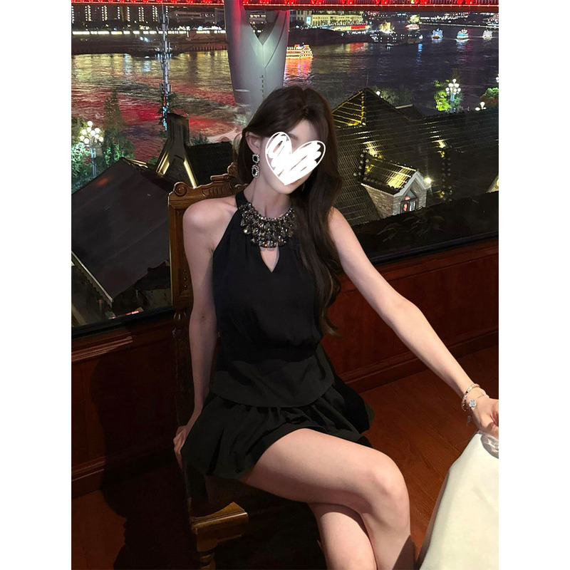 Pure Desire Hot Girl Princess Black Halter Top and Short Skirt Women's 2025 Summer New Waist Slimming Two-piece Set|undefined