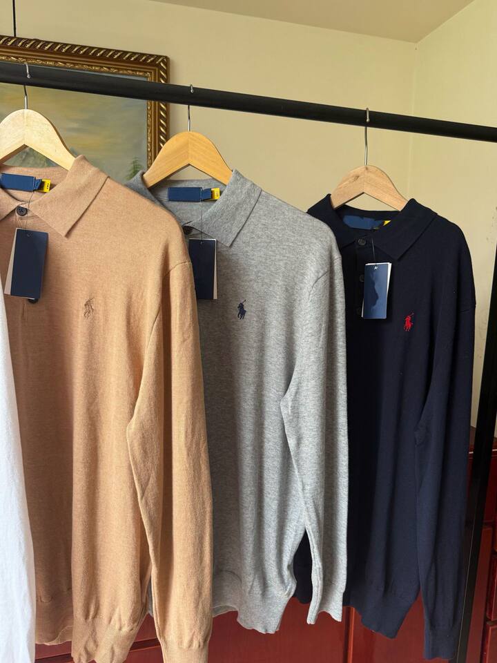 Áo polo nam dài tay cotton thêu hình ngựa nhỏ, cổ bẻ ba cúc, phong cách công sở — Màu kaki, Màu trắng, Màu xanh tím than, màu xám