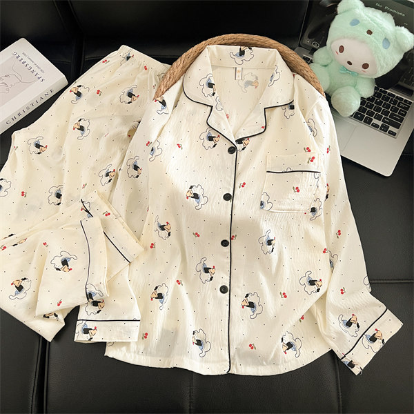 Al por mayor transfronterizo 2026 nuevo pijama de primavera y verano de mujeres nubes de algodón cardigan con solapa ropa de dibujos animados para el hogar mangas largas pantalones largos