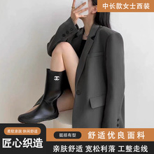 新款气质通勤中长款西装外套女宽松韩版显瘦黑色气质时尚外套