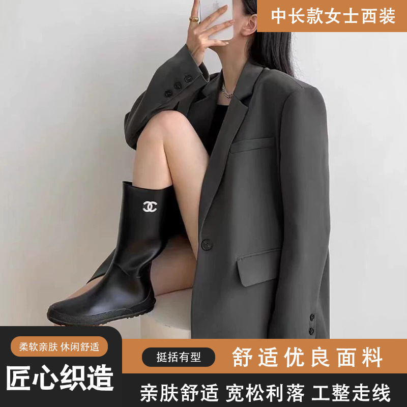 New Style Commuter Mid-Length Suit Jacket for Women, Loose Korean Style Slimming Black Temperament Fashion Jacket