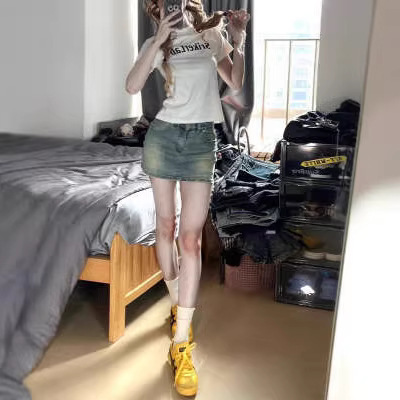 Retro blue high-waist slimming denim skirt female student A-line anti-exposure small hot girl hip skirt ins