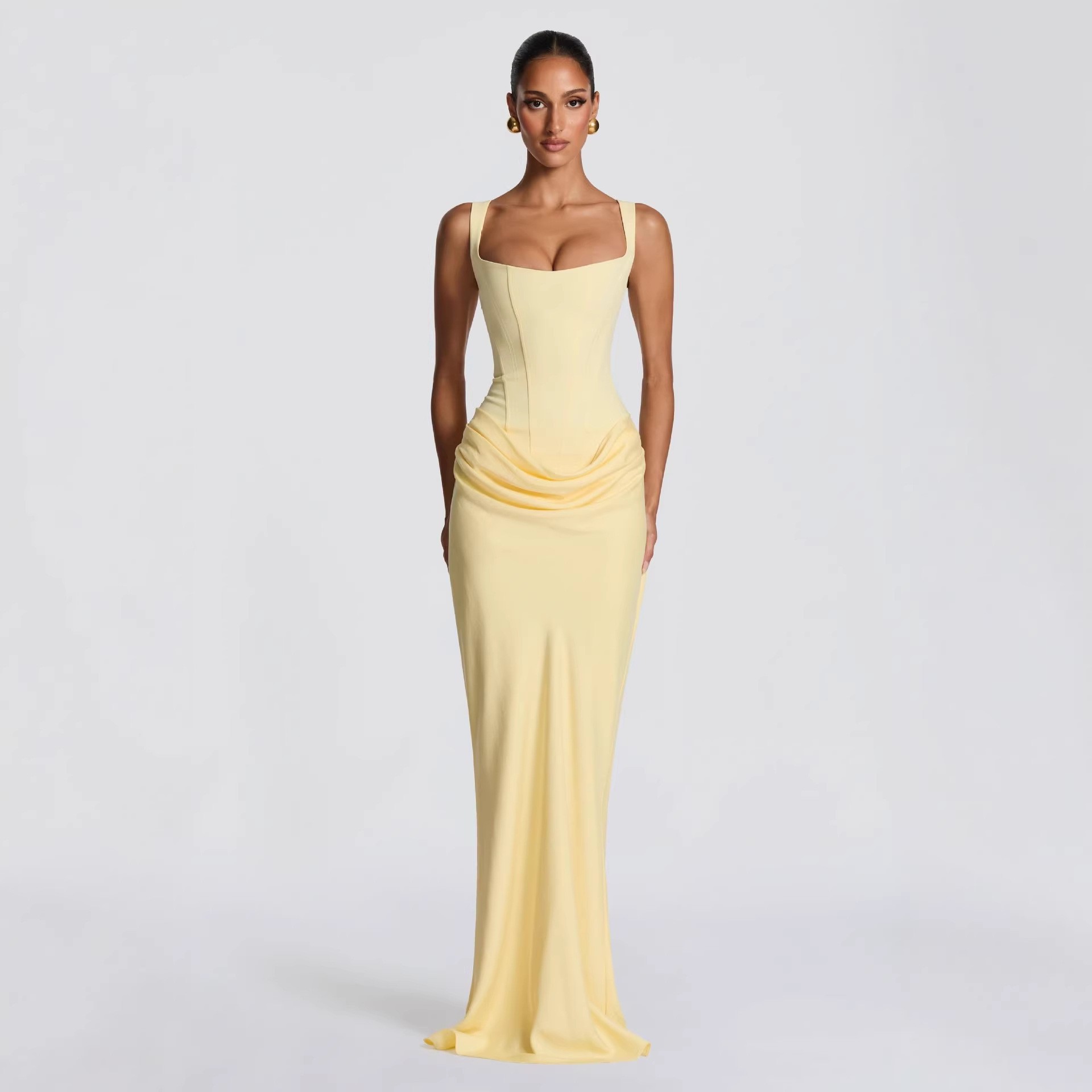 Europa y América 2026 primavera nueva moda de color sólido cuello cuadrado sin mangas delgado empalme plegado sexy vestido de cadera image 12