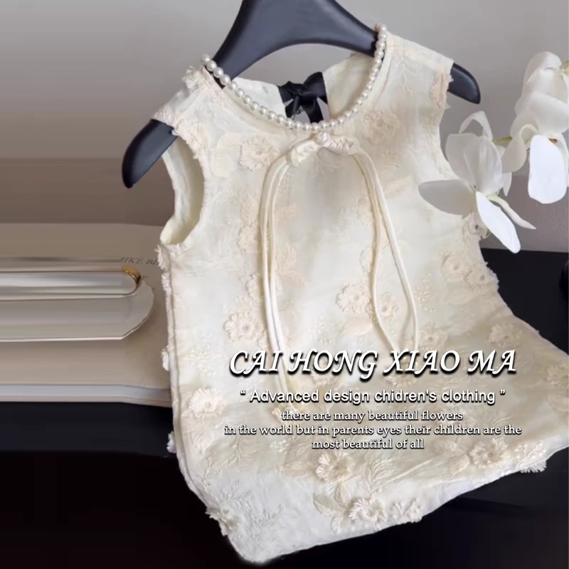 Nueva ropa para niños chinos 2025 nuevo vestido para niñas estilo de verano vestido de princesa bordado de industria pesada con lazo de estilo occidental para niños