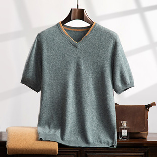 Cashmere Sweater Men's Short-sleeved T-shirt 24 Autumn and Winter V-neck Inner Wearing Outer Wearing Casual Half-sleeve Contrast Color Knit Base Shirt Trendy