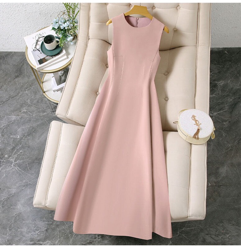 Solid Color Dress for Women, New Summer Style, French Style, High-End, Sleeveless Vest, Waist-Cinching, Slimming Long Dress