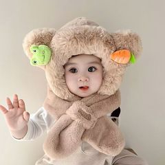 冬季儿童帽子围巾一体帽加绒加厚卡通两件套可爱超萌男女童护耳帽
