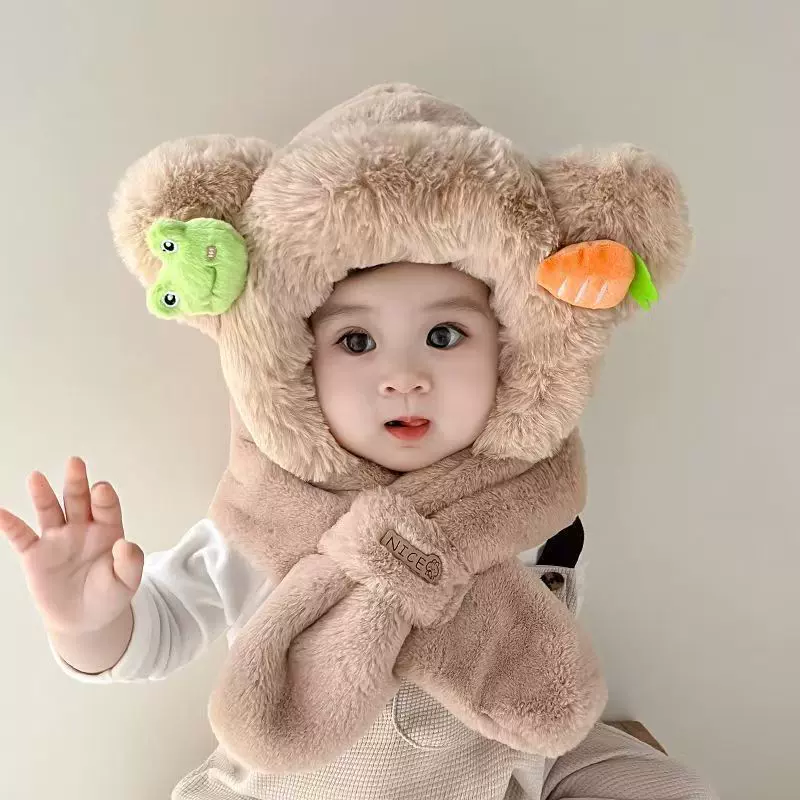 冬季儿童帽子围巾一体帽加绒加厚卡通两件套可爱超萌男女童护耳帽