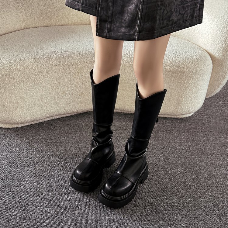 厚底长筒靴子女2025新款秋冬季显瘦高筒靴v口裤管靴堆堆靴骑士靴|undefined
