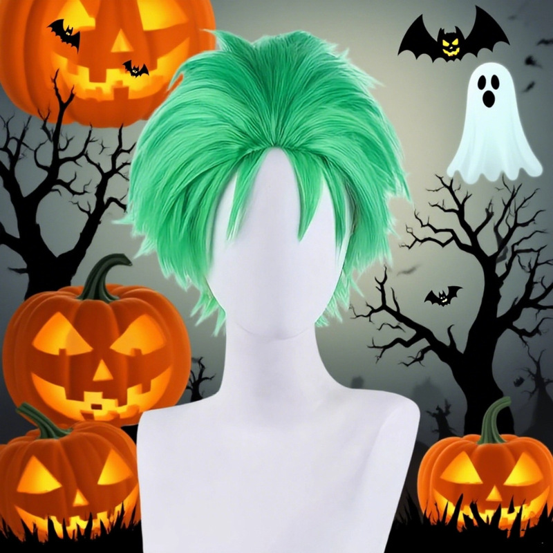 Cross-Border Best-Selling One Piece Zoro Short Green Hair Big Slicked-Back Anime Wig Cos Highly Recreates the Character's Charm