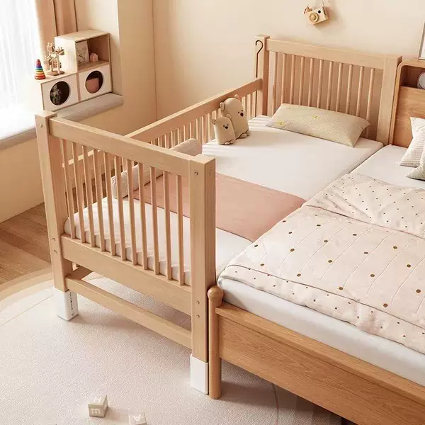 Beech Wood Children's Splicing Bed, Solid Wood Children's Bed with Adjustable Height, High Guardrail, Splicing Large Bed, Child's Bedside Bed, Baby Bed
