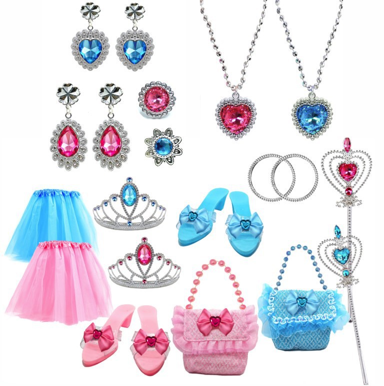 Amazon Hot Style Princess Jewelry Toys Juego de 18 piezas Rosa azul con falda corta Corona Collar