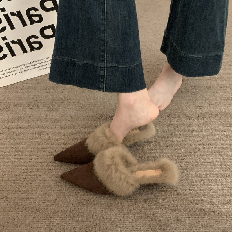 Women's furry slip-on mule leather shoes for outdoor wear, 2026 autumn and winter new model, rabbit fur, luxurious and beautiful high heels Women's furry slip-on mule leather shoes for outdoor wear, 2026 autumn and winter new model, rabbit fur, luxurious and beautiful high heels