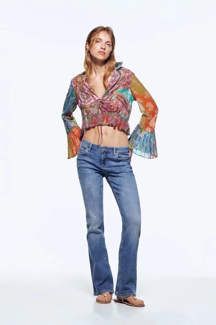 Print long sleeve lapel lace-up v neck short top NSAM131161