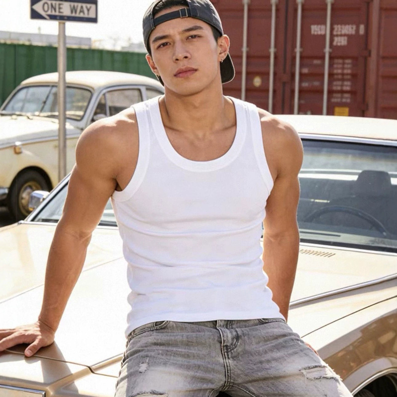 Cross-border fitness vest for men, 2026 summer new style, ribbed slim-fit sports training base layer, bodybuilding sleeveless top for men