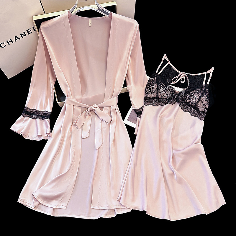 Pure Lust Style Nightgown, Bathrobe, Sexy and Elegant Low-Cut Suspender, Backless Thin Women's Home Wear Two-Piece Set