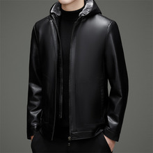 冬季连帽皮衣男士休闲加绒加厚外套中年皮毛一体皮夹克上衣保暖男