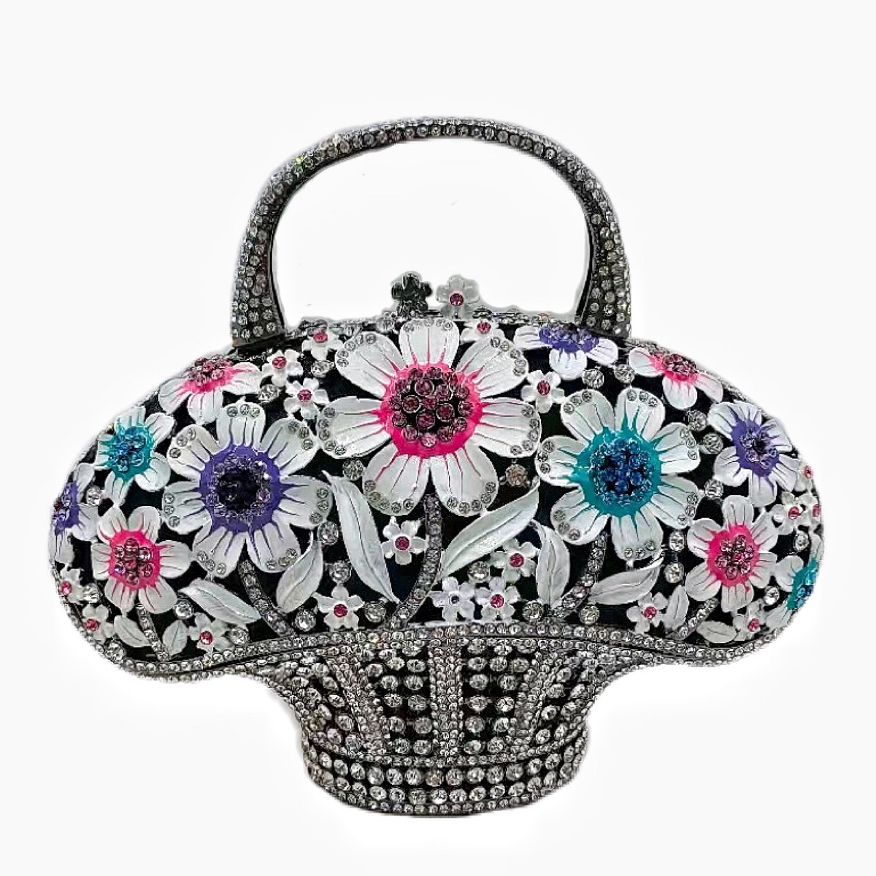 Túi clutch cầm tay giỏ hoa đính kim cương phong cách Hàn Quốc — Phấn màu/Hoa Hồng