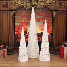 跨境布艺圆锥宝塔圣诞树米色烫金圣诞节橱窗装饰品圣诞树塔三件套