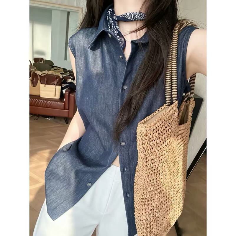 Japanese-Style Hemp Denim Jacket Loose Fit Lapel Sleeveless Vest Layered Shirt Top Women's Summer D0625M Japanese-Style Hemp Denim Jacket Loose Fit Lapel Sleeveless Vest Layered Shirt Top Women's Summer D0625M