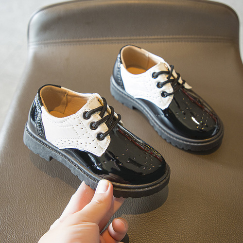Spring and Autumn New Children's Black Small Leather Shoes Lace Up Fashionable British Style Boys' Performance Shoes Girls' Performance Shoes Soft Sole