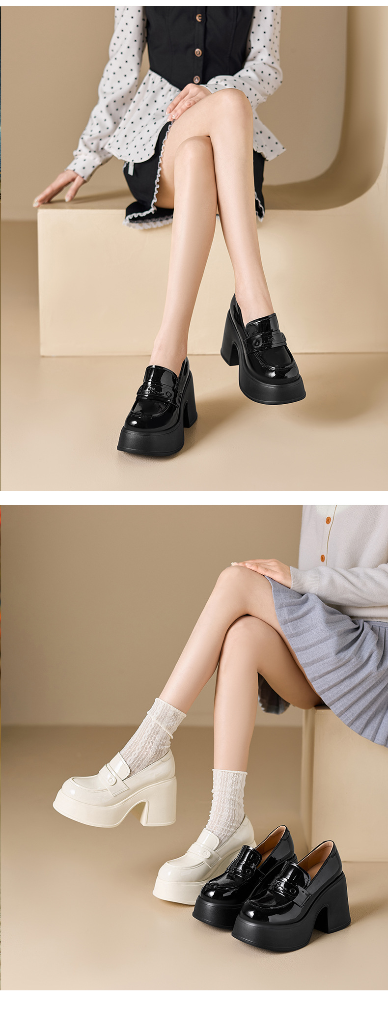 Giày loafer nữ gót vuông cao 10 cm da thật cổ sâu phong cách JK — màu đen, màu trắng ngà chi tiết 10