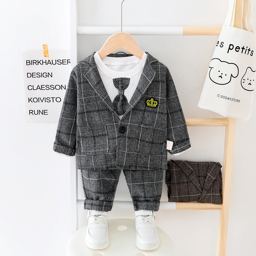 Children's clothing: Autumn long sleeved pants, three piece set, boys' plaid English suit, dress set_voghion.com