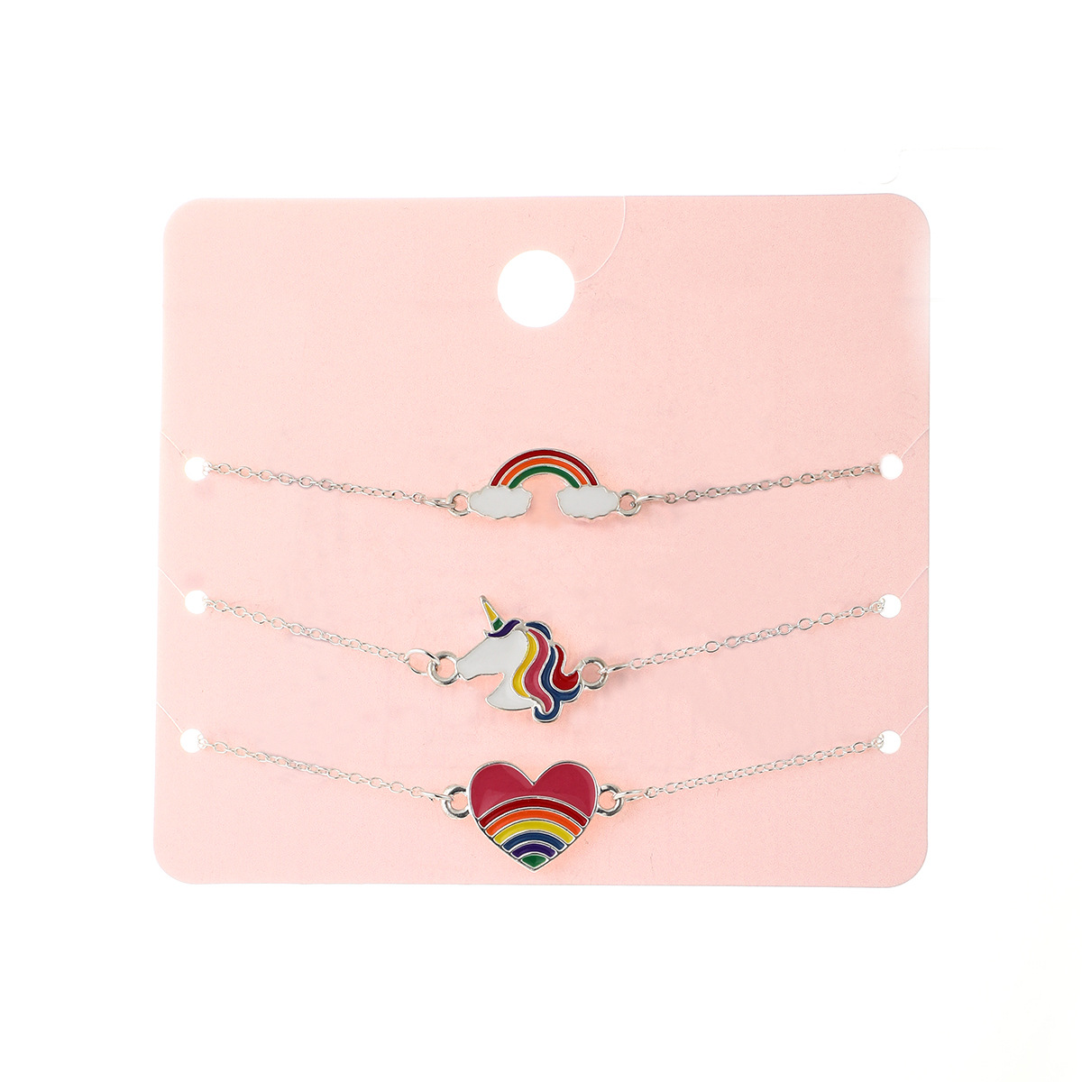 歐美新款流行兒童飾品套裝 合金彩虹獨角獸愛心滴油手鏈套裝