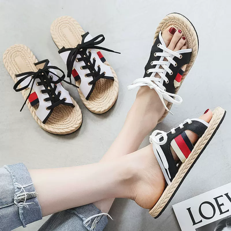 新款仿麻绳草编一字拖女外穿休闲厚底潮凉鞋懒人半拖沙滩平跟拖鞋