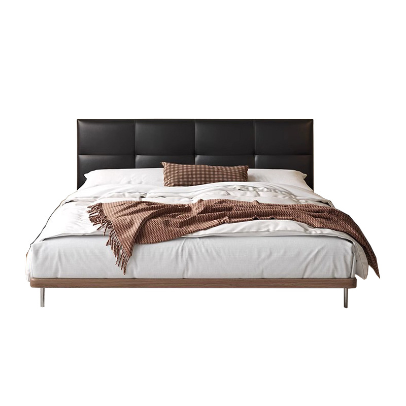 Cama de cuero oscura, cuero de vaca negro, cama doble retro, cama principal, cama queen simple, moderna.