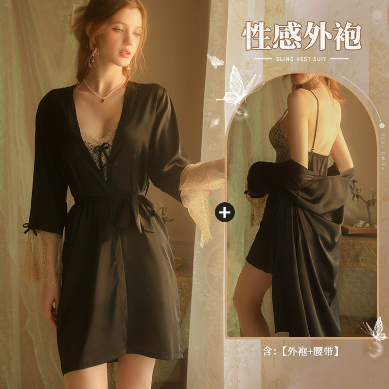 仙懿 Pijama, lace silk set, lifting effect, 3 piece set