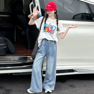 女童夏季短袖T恤套装女大童初中生休闲牛仔裤子儿童夏装潮t两件套