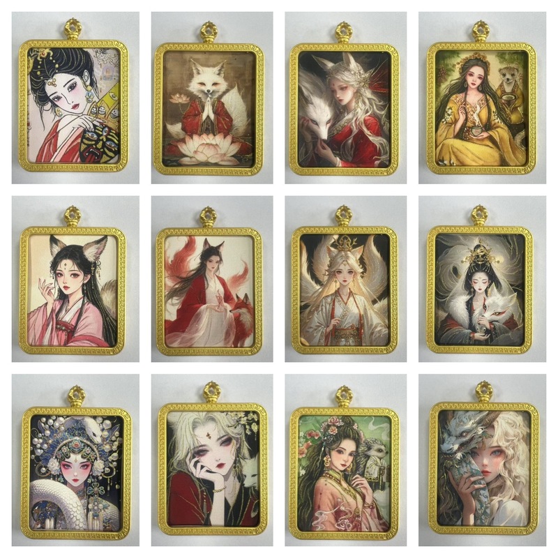 手绘描金莽龙女蛇年狐仙唐卡嘎乌盒九尾道家唐卡套周边吊坠项链|undefined