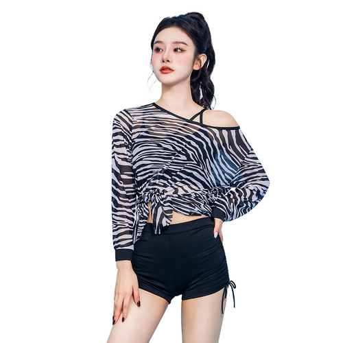 Women's Separate Three-Piece Swimsuit Set Conservative Fashion Striped Long-Sleeved Slimming Straight Leg Pants Hot Spring Swimwear Wholesale