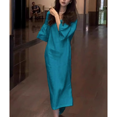 现货蓝色棉麻亚麻连衣裙女2025新款轻奢高级感漂亮du特法式长裙子