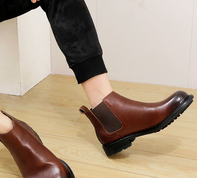 Men's thick soled cowhide leather shoes high-top slip-on ankle boots round head leather breathable_voghion.com